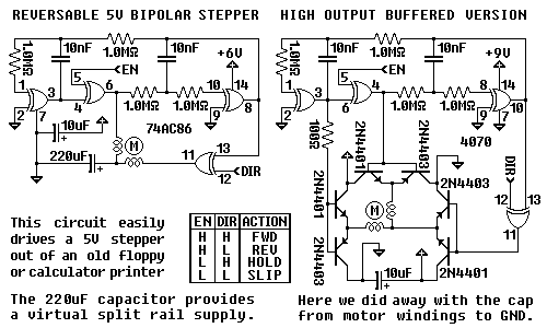 Minimalist reversible stepper circuit uses one CMOS gate